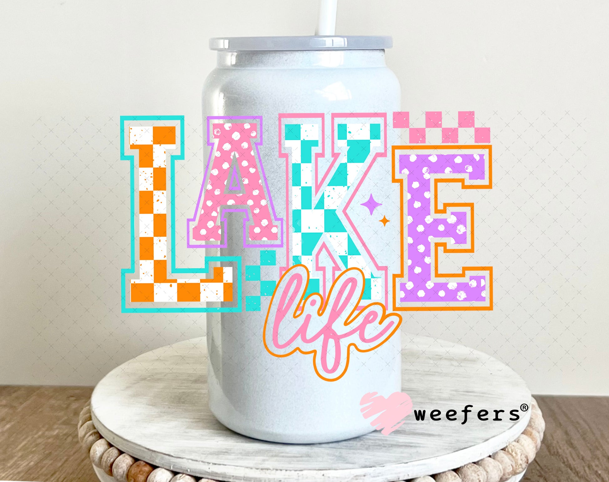 Lake Life Checkers and Polka Dots UV DTF Decal 16oz Glass Can Generic Weefers