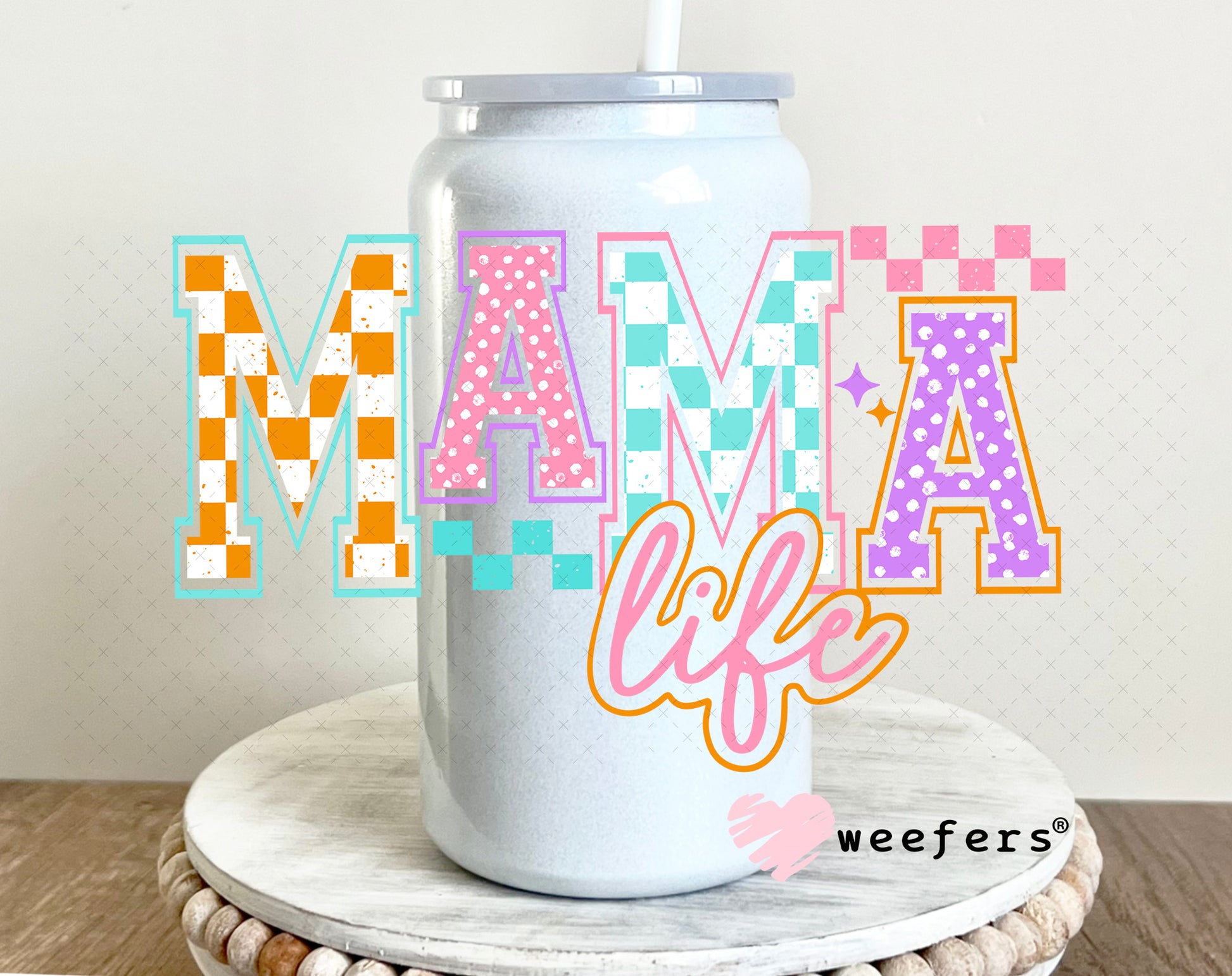 Mama Life Checkers and Polka Dots UV DTF Decal 16oz Glass Can Generic Weefers