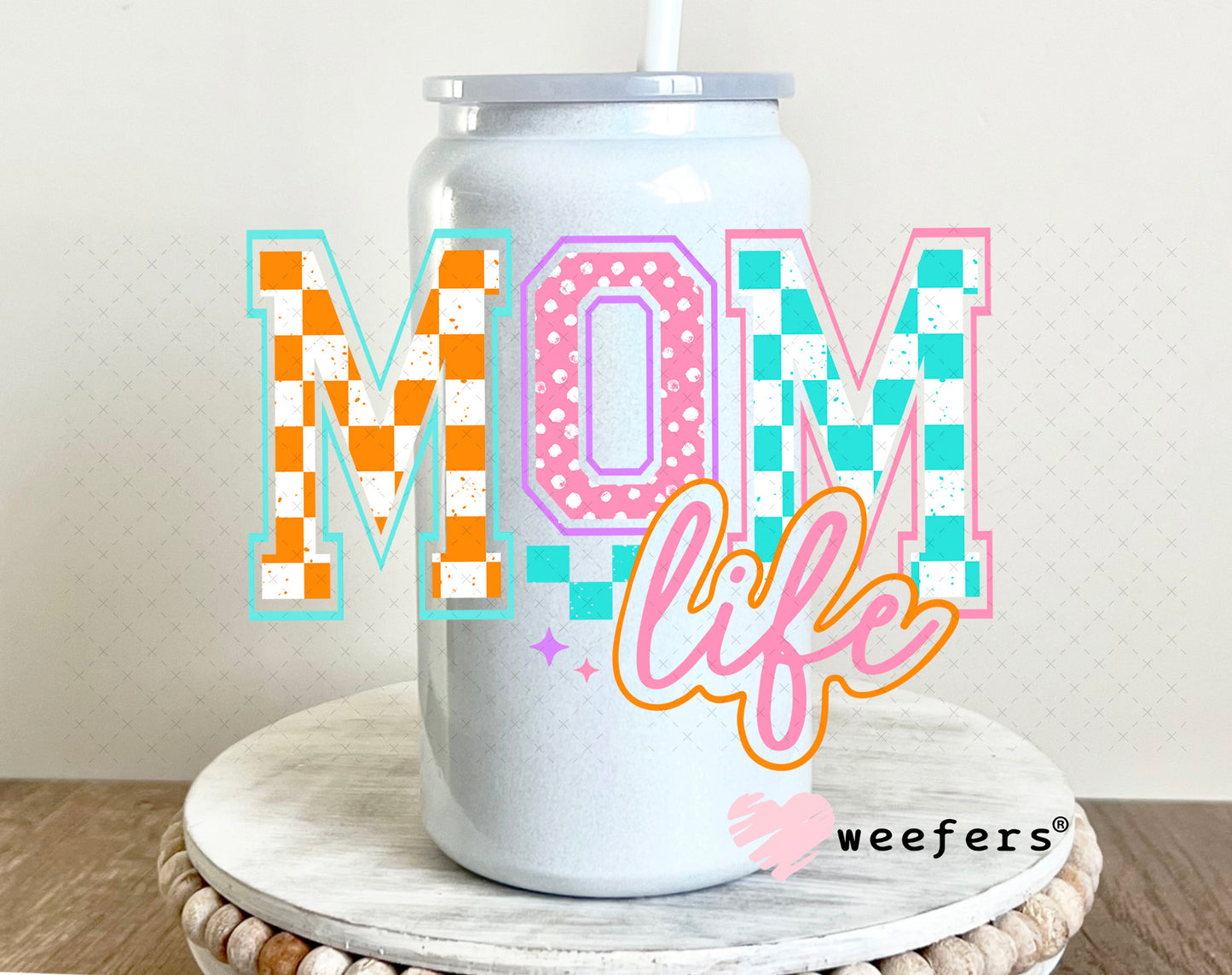 Mom Life Checkers and Polka Dots UV DTF Decal 16oz Glass Can Generic Weefers