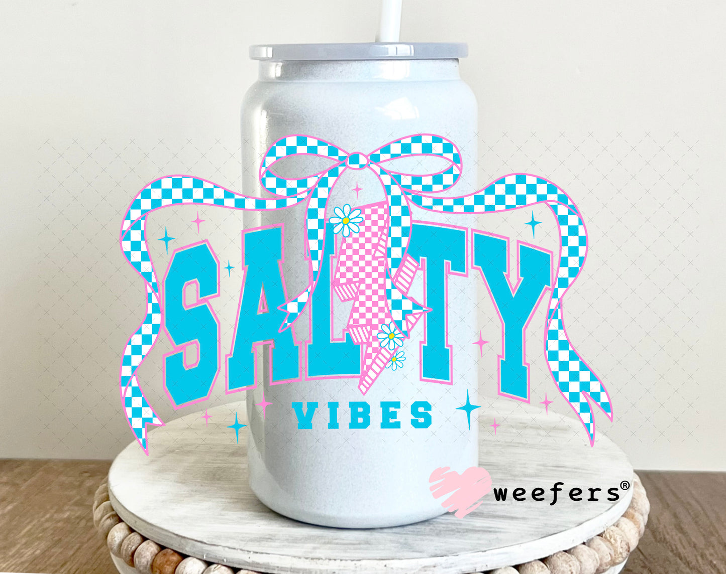 Salty Vibes Pink and Blue UV DTF Decal 16oz Glass Can Generic Weefers