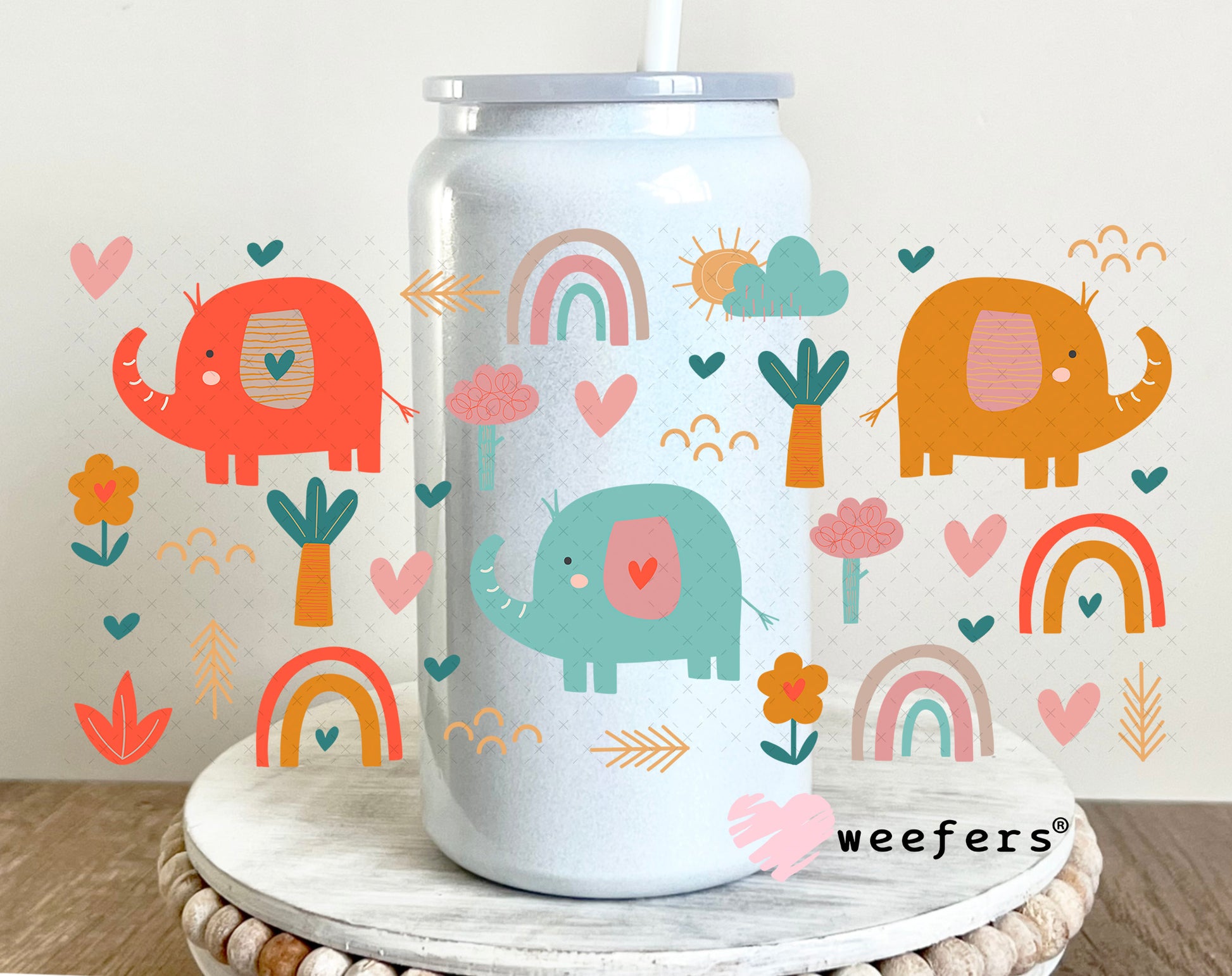 Whimsical Elephants and Rainbows UV DTF Cup Wrap - Weefers Exclusive Wrap 16oz Glass Can Generic Weefers