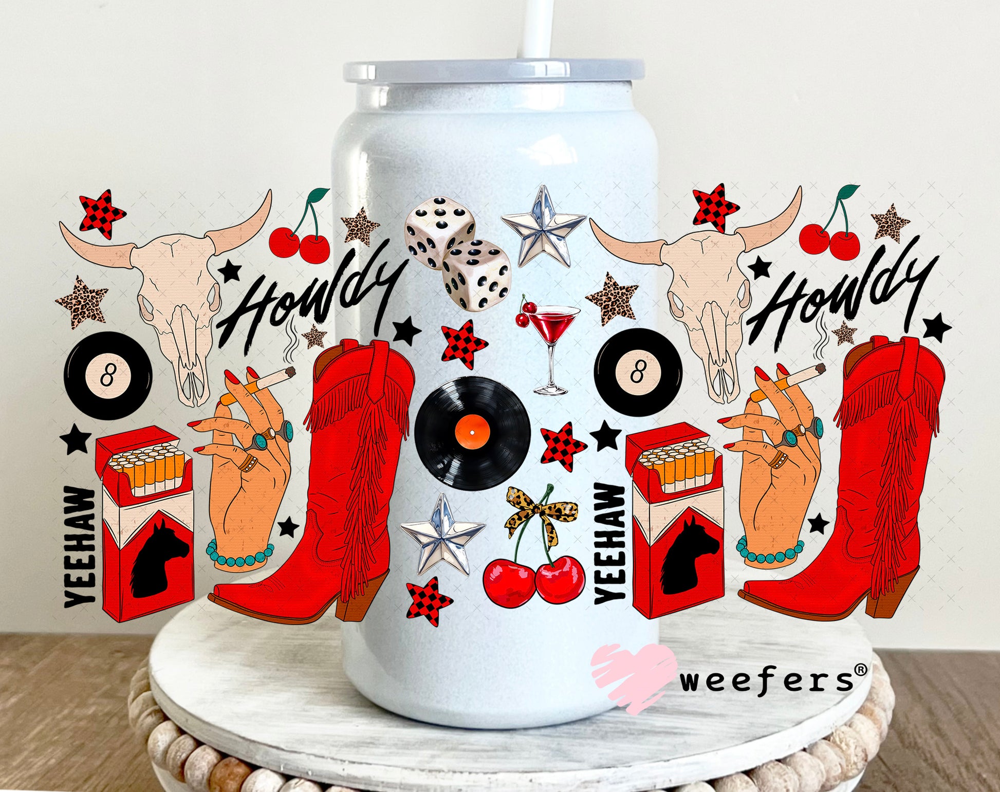 Howdy Red Boots UV DTF Cup Wrap - Weefers Exclusive Wrap 16oz Glass Can Generic Weefers