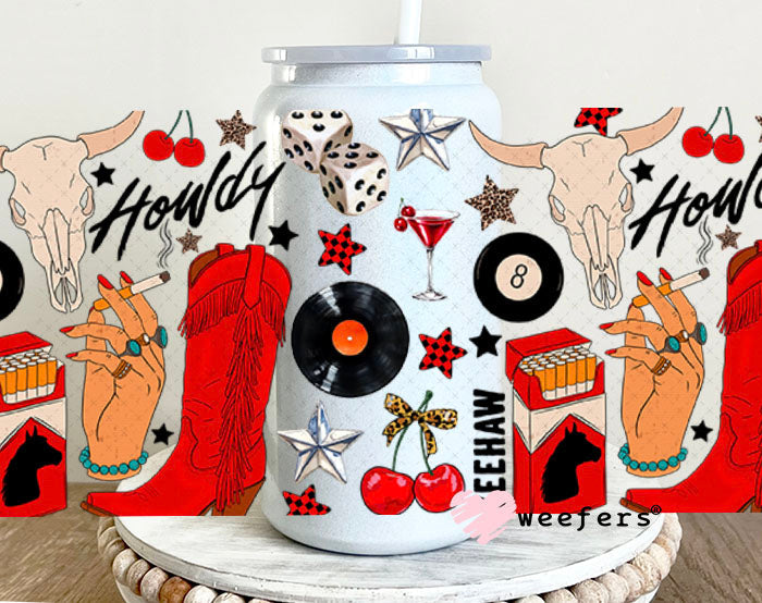 Howdy Red Boots UV DTF Cup Wrap - Weefers Exclusive Wrap 16oz Glass Can Generic Weefers