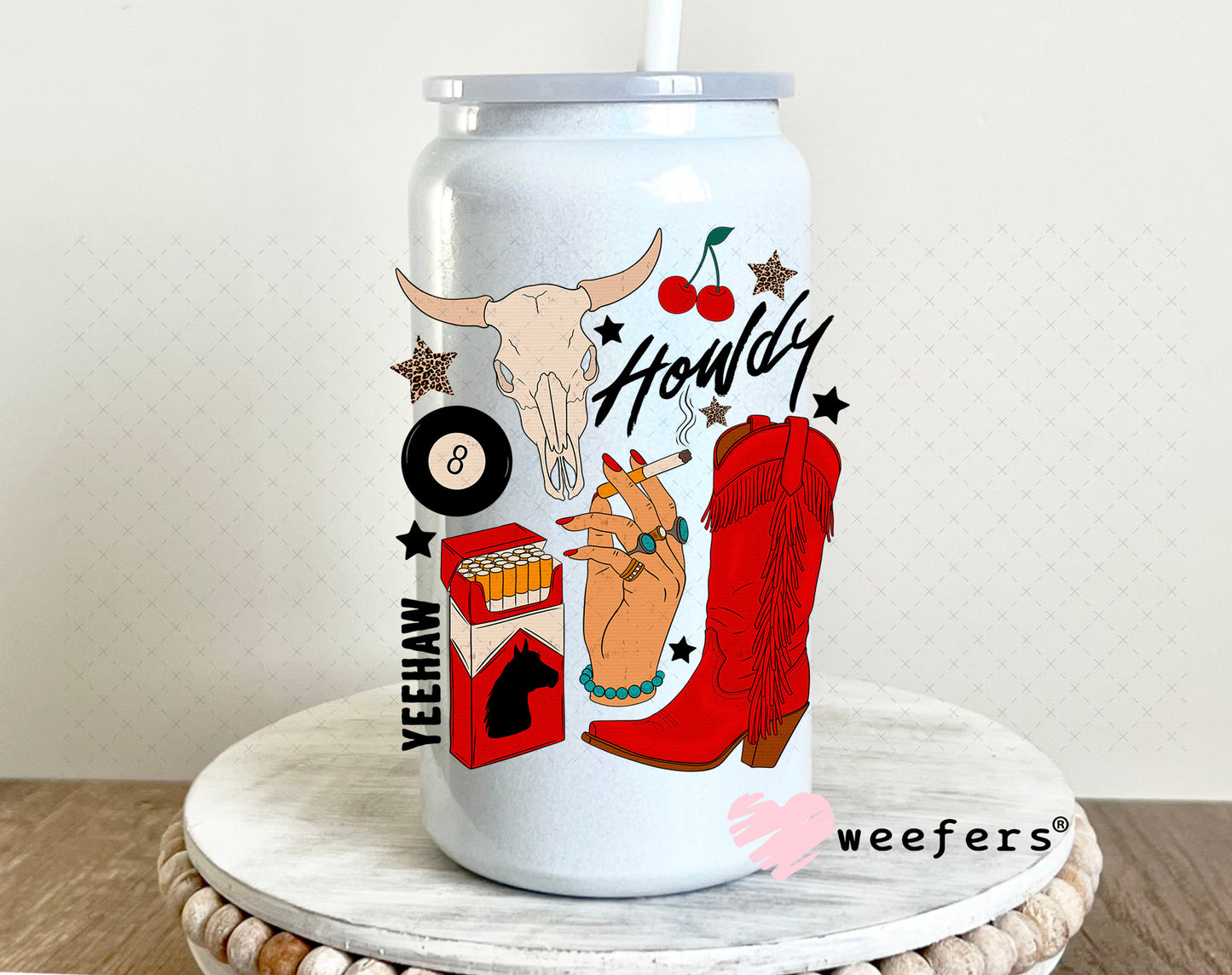 Howdy Red Boots UV DTF Decal 16oz Glass Can Generic Weefers