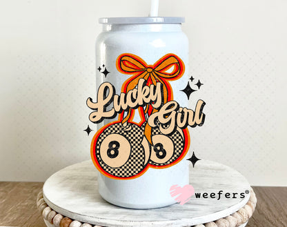 Lucky Girl EightBall Cherries Orange Tan UV DTF Decal 16oz Glass Can Generic Weefers