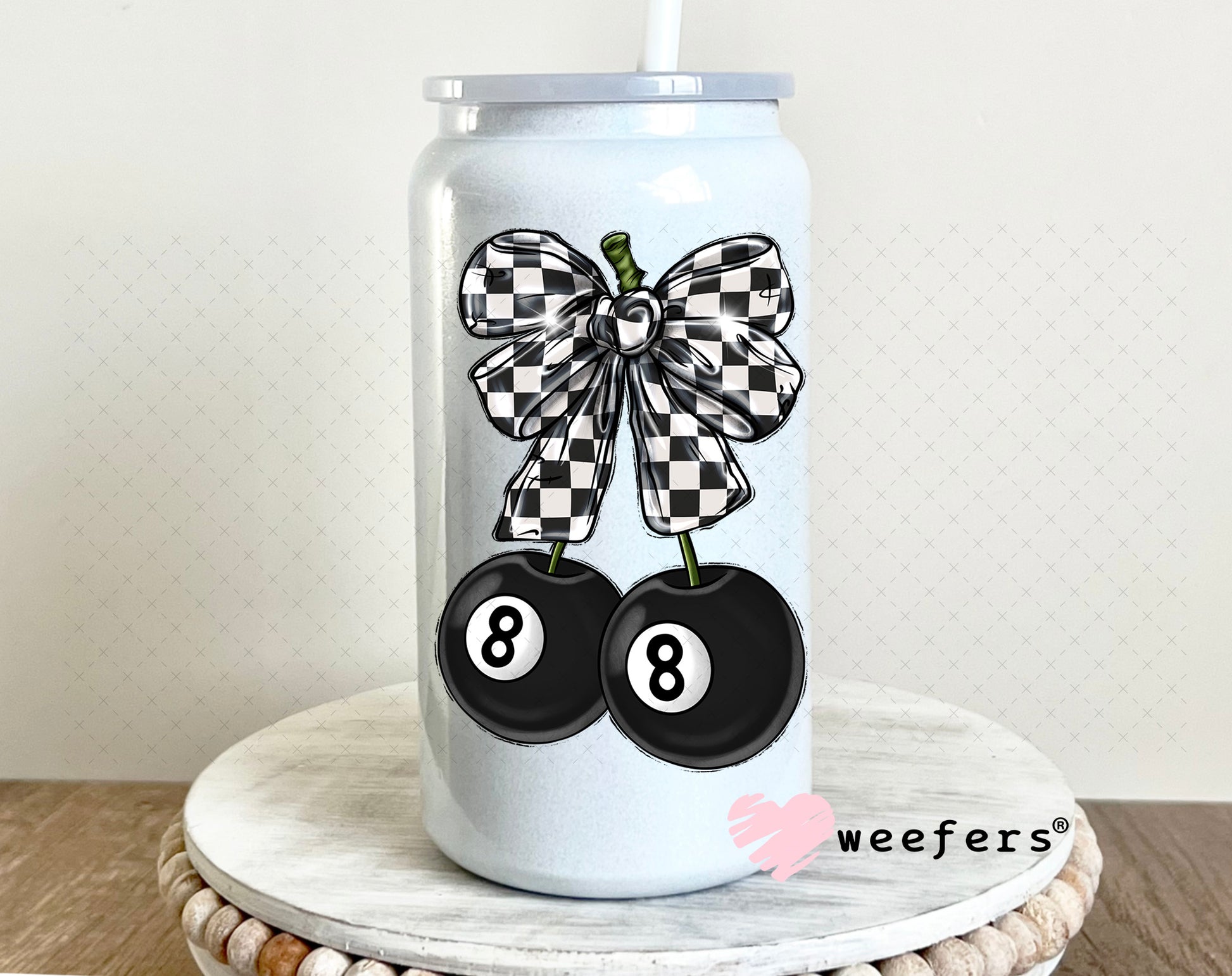 Black and White Checkered Bow Eightball UV DTF Decal 16oz Glass Can Generic Weefers
