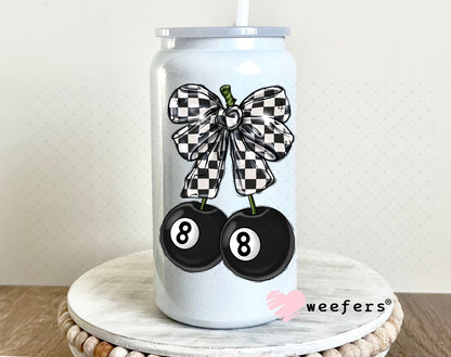 Black and White Checkered Bow Eightball UV DTF Decal 16oz Glass Can Generic Weefers