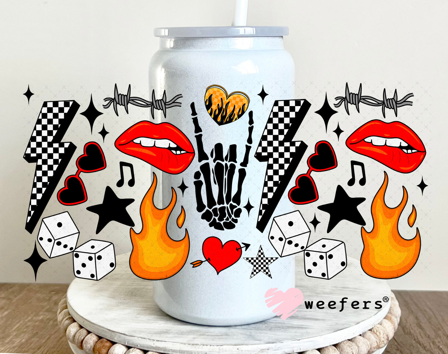 Rock and Roll Red Lip Bite UV DTF Cup Wrap - Weefers Exclusive Wrap 16oz Glass Can Generic Weefers