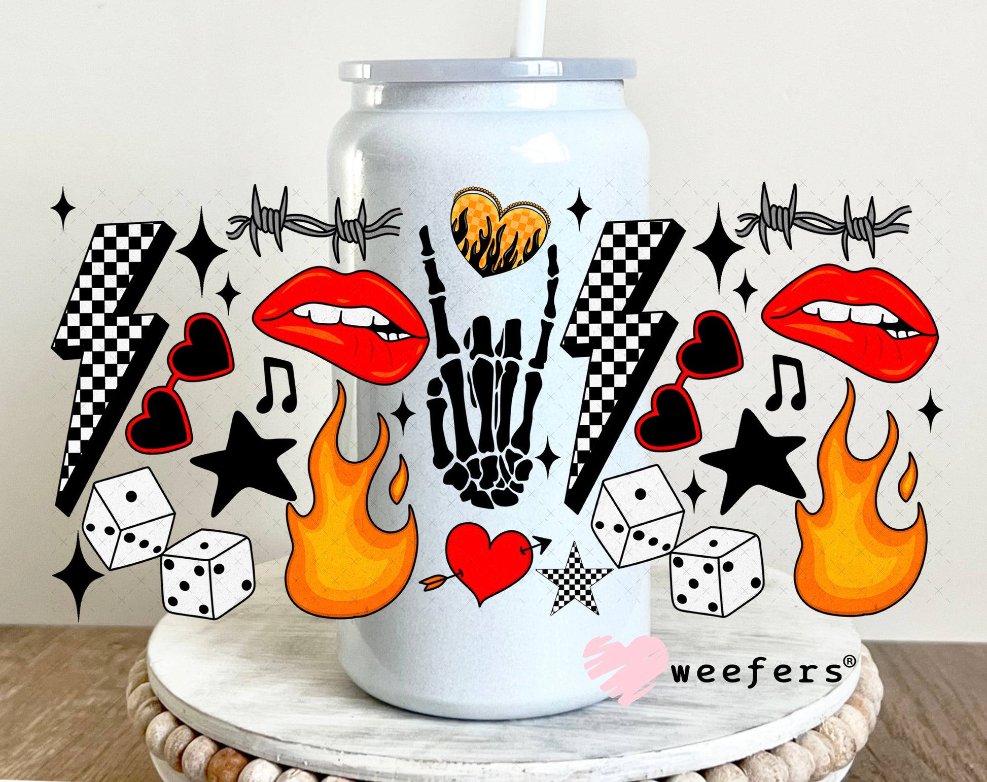 Rock and Roll Red Lip Bite UV DTF Cup Wrap - Weefers Exclusive Wrap 16oz Glass Can Generic Weefers