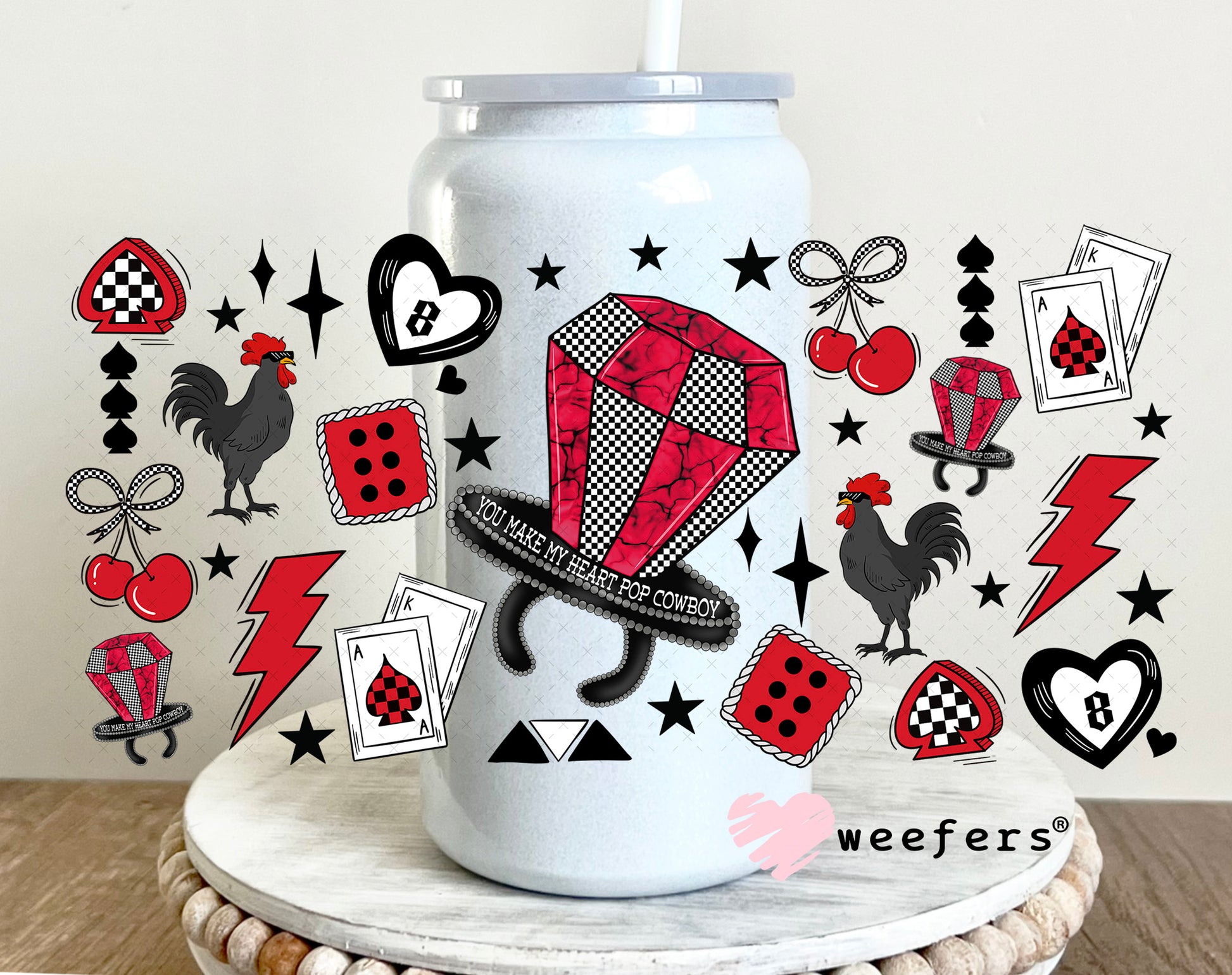 Red Ring Pop and Heart Eightballs UV DTF Cup Wrap - Weefers Exclusive Wrap 16oz Glass Can Generic Weefers