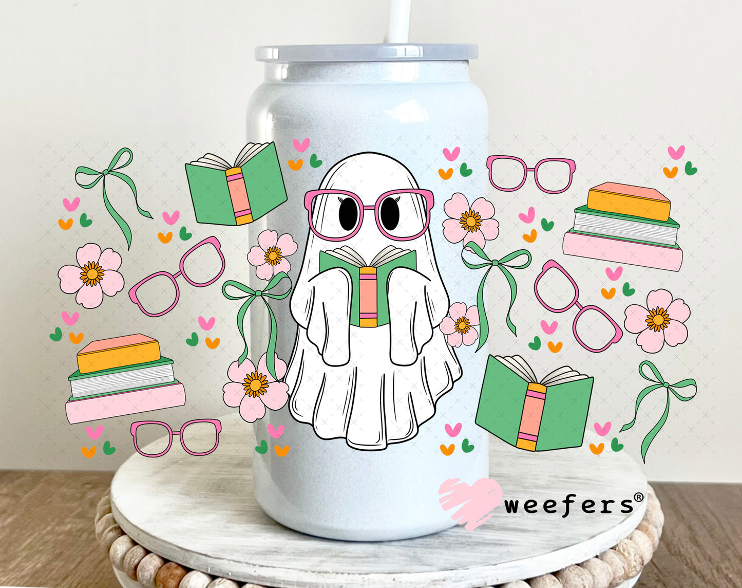 Ghost Green Book Lover UV DTF Cup Wrap 16oz Glass Can Generic Weefers
