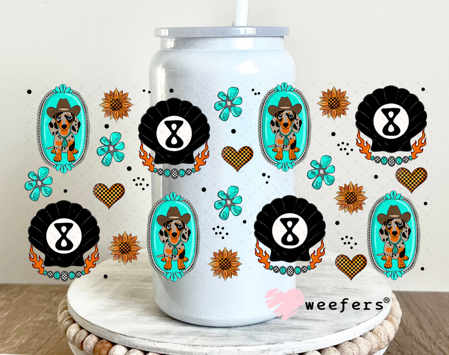 Western Dachshund and Shell Eight Balls UV DTF Cup Wrap - Weefers Exclusive Wrap 16oz Glass Can Generic Weefers