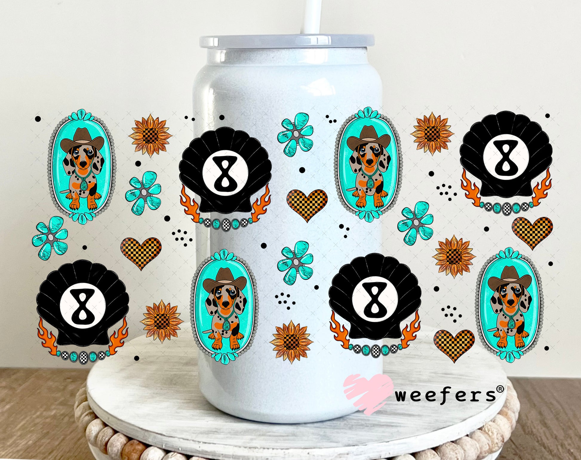 Western Dachshund and Shell Eight Balls UV DTF Cup Wrap - Weefers Exclusive Wrap 16oz Glass Can Generic Weefers