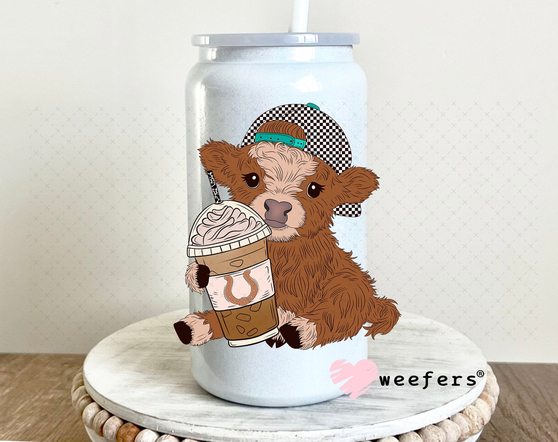 Baby Highlander Cow Coffee Checkered Black Cap UV DTF Decal 16oz Glass Can Generic Weefers