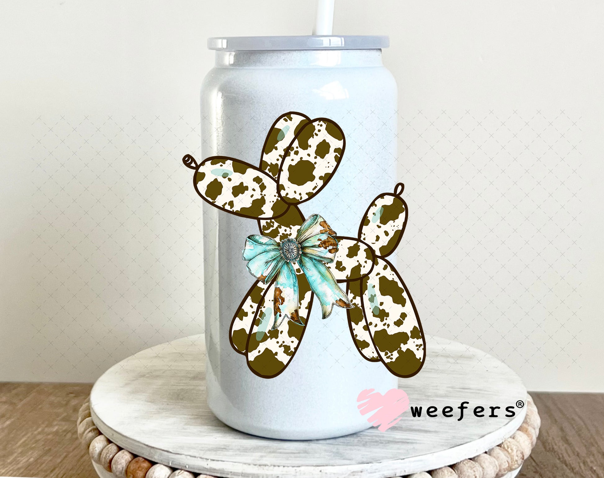 Brown Cow Print Balloon Dog UV DTF Decal 16oz Glass Can Generic Weefers