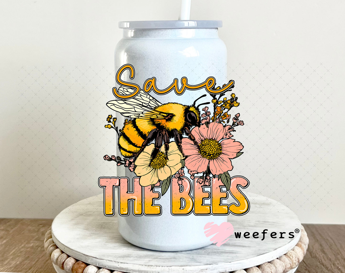 Save the Bees UV DTF Decal 16oz Glass Can Generic Weefers