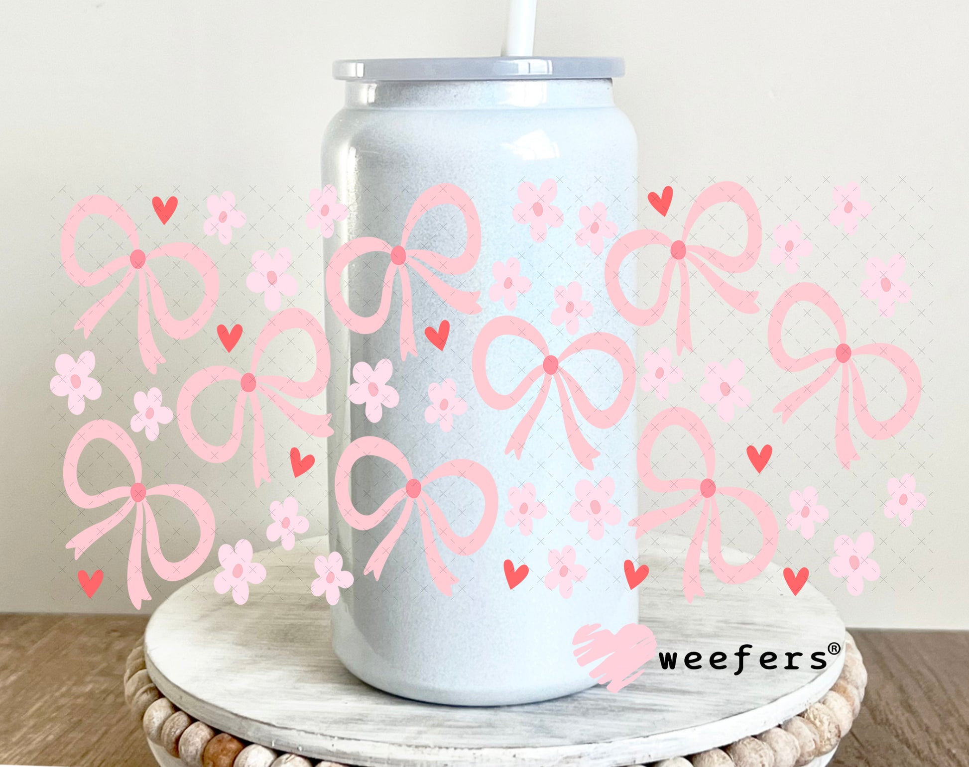 Pink Bows and Light Pink Flowers UV DTF Cup Wrap 16oz Glass Can Generic Weefers