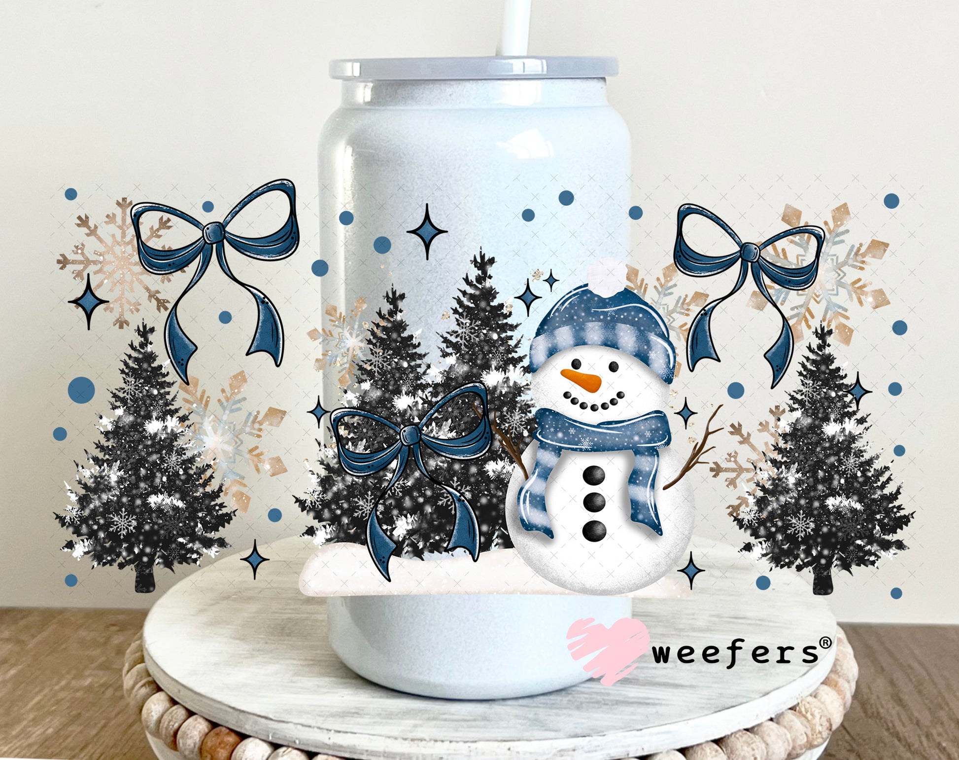 Blue Bow Snowman Christmas UV DTF Cup Wrap 16oz Glass Can Generic Weefers