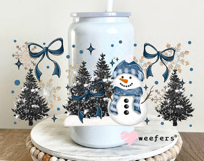 Blue Bow Snowman Christmas UV DTF Cup Wrap 16oz Glass Can Generic Weefers