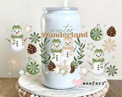 Wonderland Green Snowmen Christmas UV DTF Cup Wrap 16oz Glass Can Generic Weefers