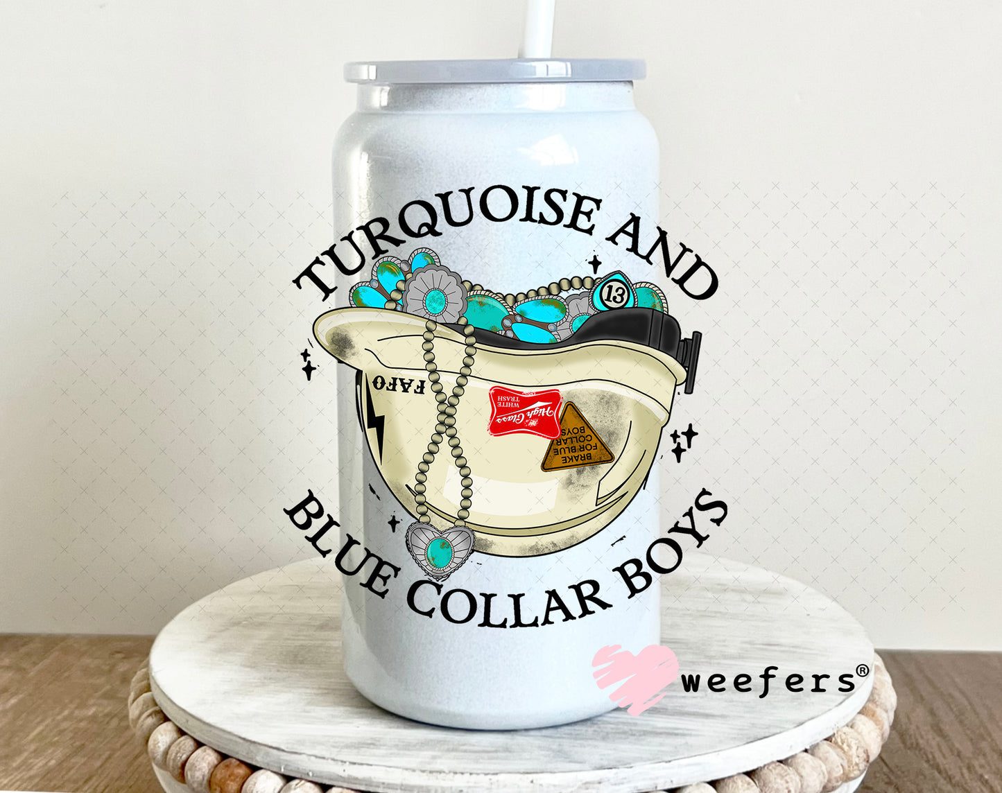 Turquoise and Blue Collar Boys UV DTF Decal 16oz Glass Can Generic Weefers