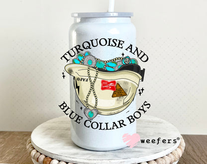 Turquoise and Blue Collar Boys UV DTF Decal 16oz Glass Can Generic Weefers
