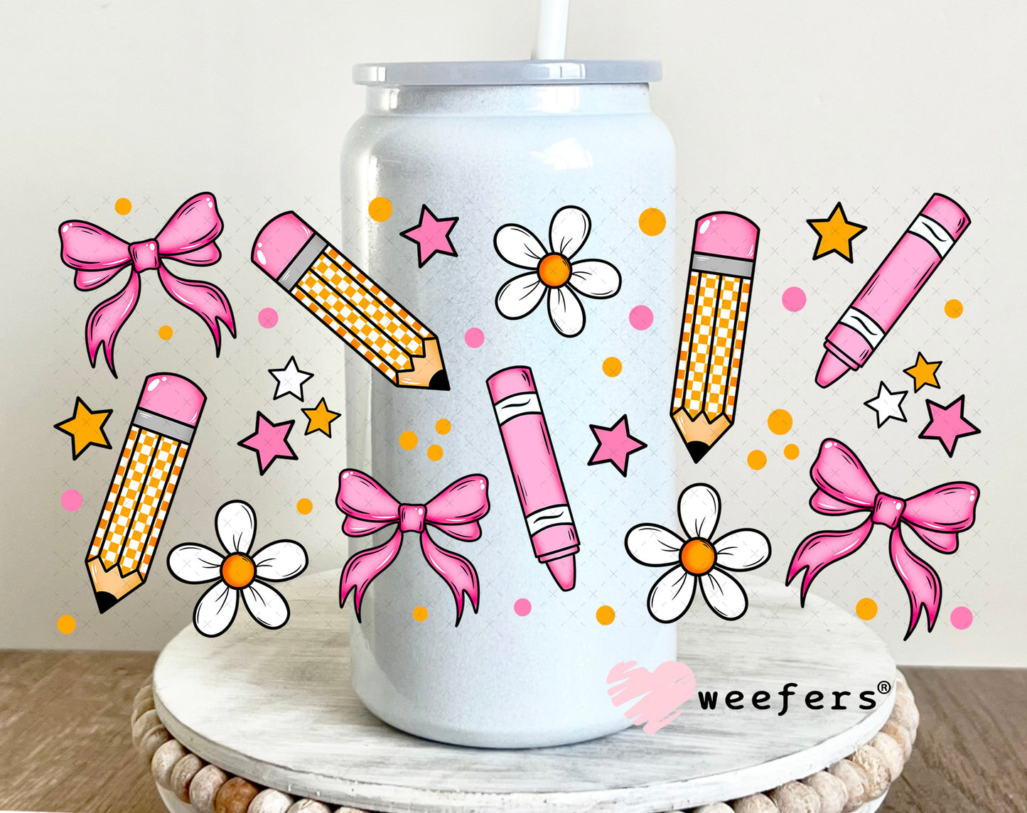 School Days Pencil and Pink Crayons UV DTF Cup 16oz Glass Can Generic Weefers