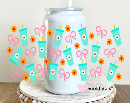 Teal cups and Pink Bows UV DTF Cup Wrap 16oz Glass Can Generic Weefers