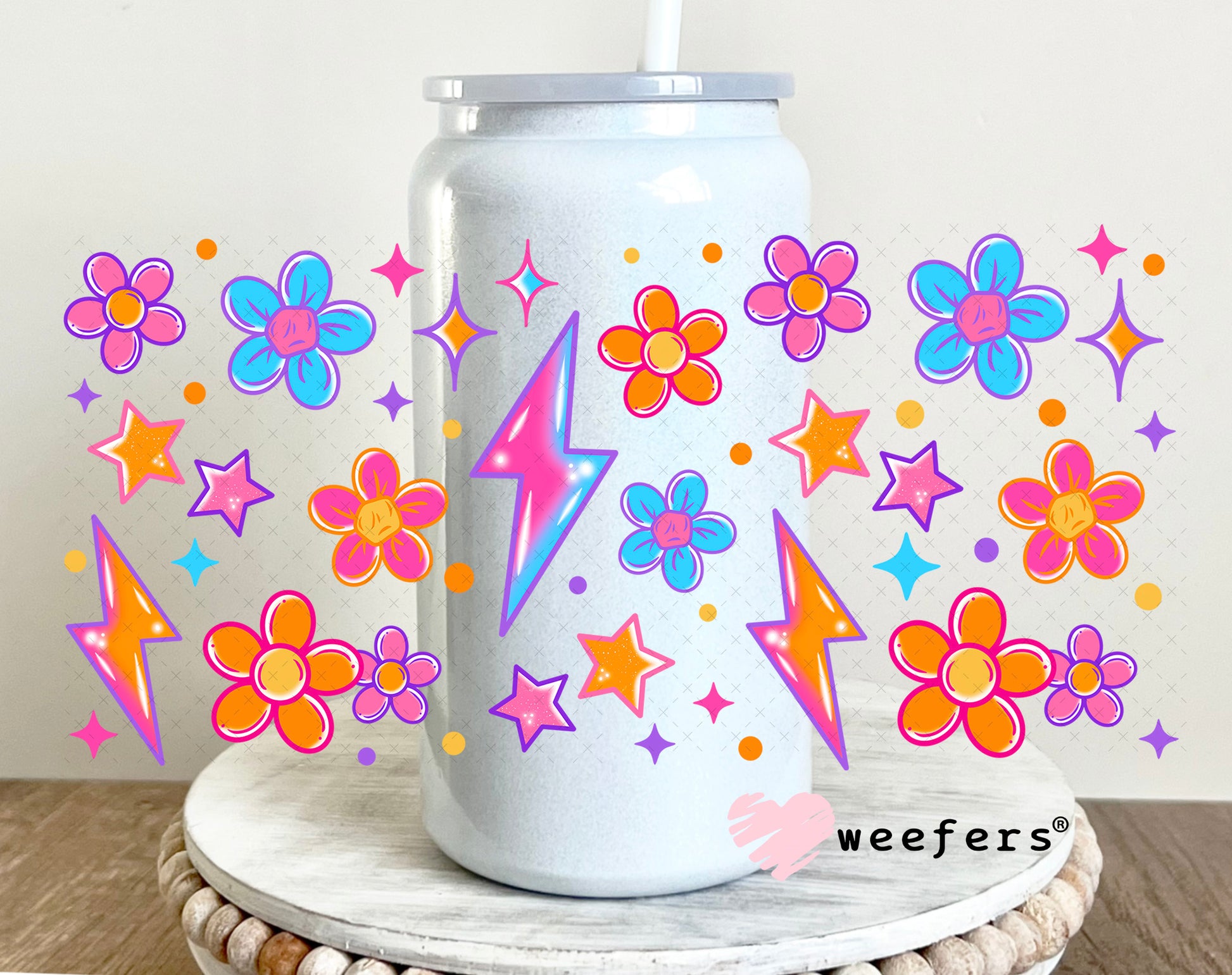 Blue Orange Flowers and Lightening Bolt UV DTF Cup Wrap 16oz Glass Can Generic Weefers