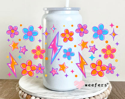 Blue Orange Flowers and Lightening Bolt UV DTF Cup Wrap 16oz Glass Can Generic Weefers