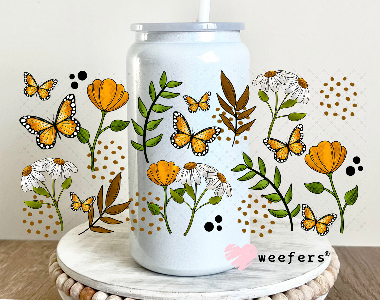 Butterflies and Daisies UV DTF Cup Wrap 16oz Glass Can Generic Weefers