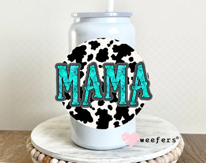 Teal Mama Cow Print UV DTF Decal 16oz Glass Can Generic Weefers