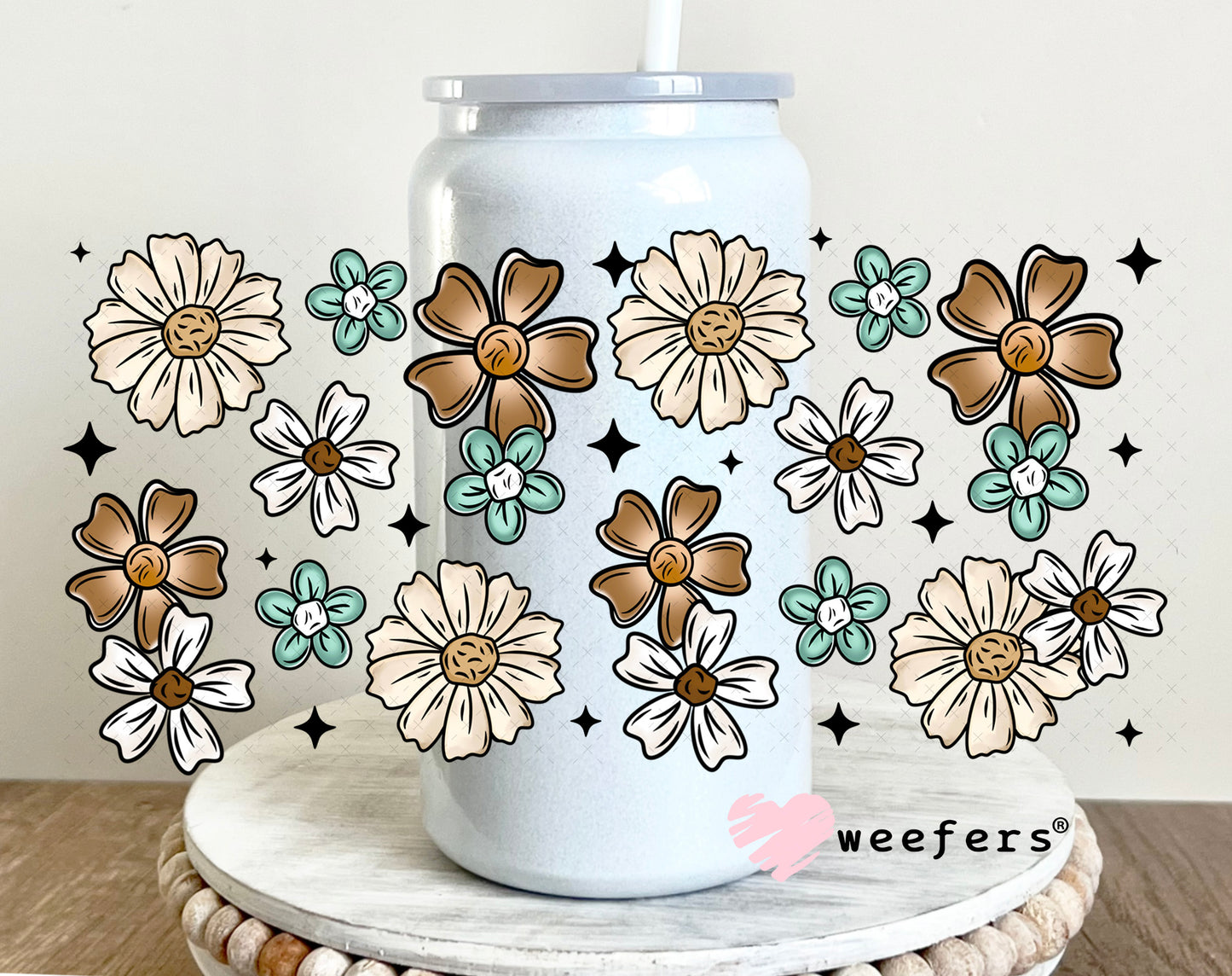 Brown, Teal and Tan Flowers UV DTF Cup Wrap 16oz Glass Can Generic Weefers