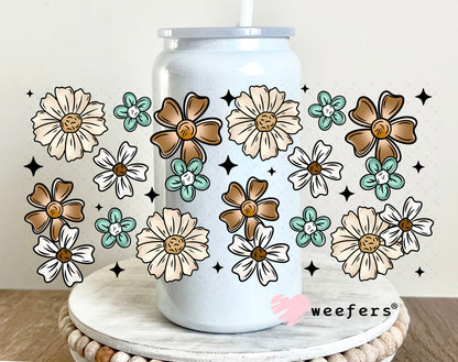 Brown, Teal and Tan Flowers UV DTF Cup Wrap 16oz Glass Can Generic Weefers