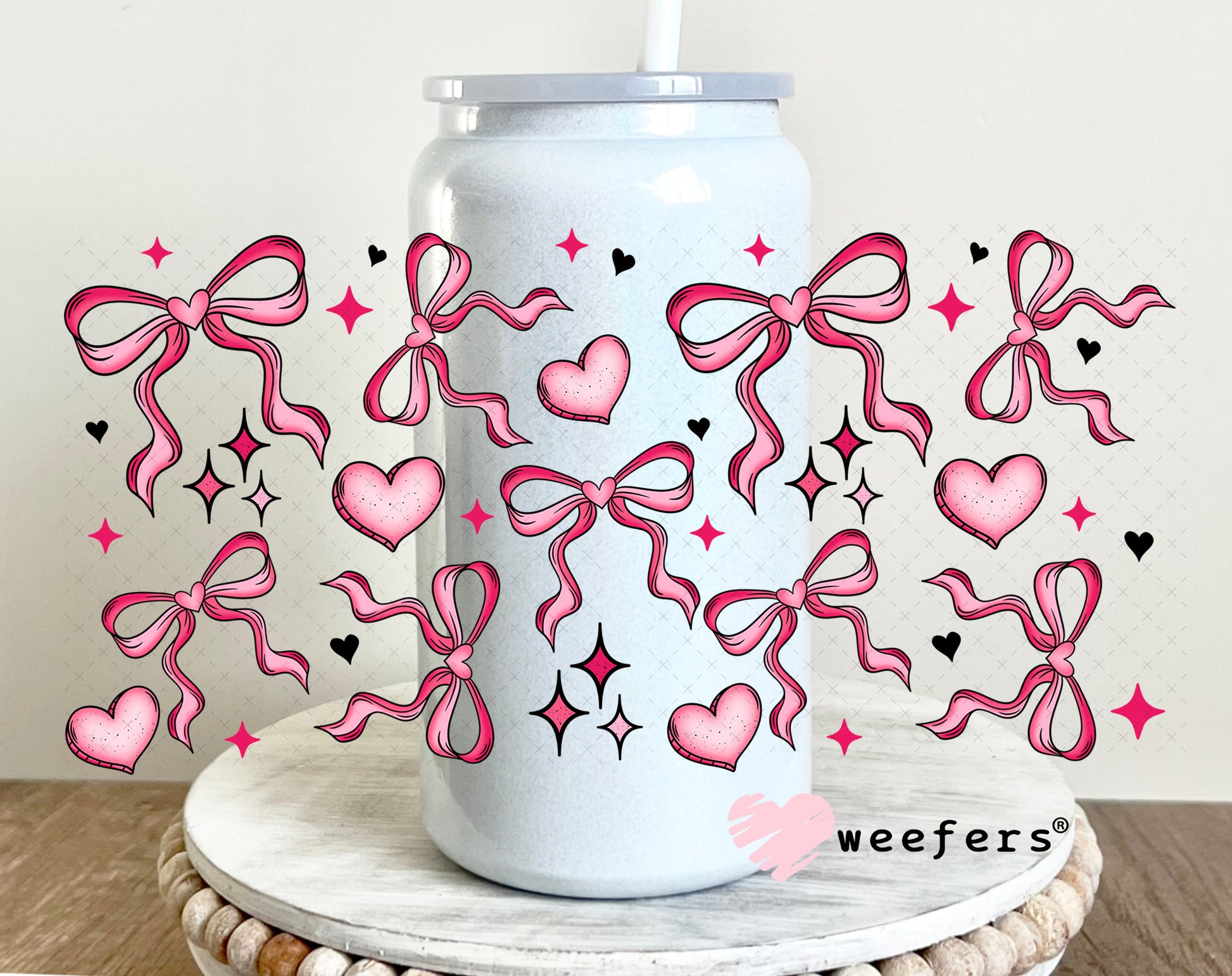 Pink Bows and Hearts UV DTF Cup Wrap 16oz Glass Can Generic Weefers