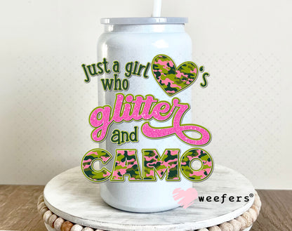 Just a Girl Who Love's Glitter and Camo UV DTF Decal 16oz Glass Can Generic Weefers