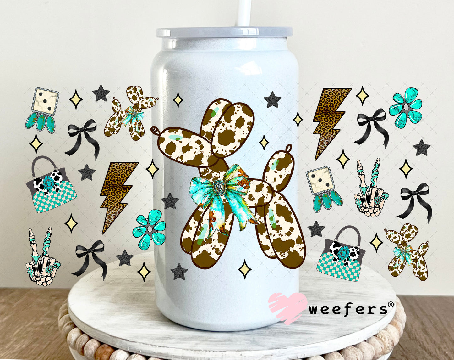 Brown Cow Print Balloon Dog Teal Bow UV DTF Cup Wrap - Weefers Exclusive 16oz Glass Can Generic Weefers