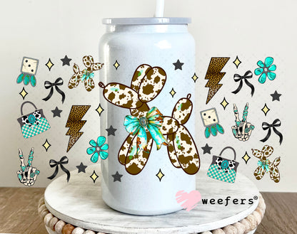 Brown Cow Print Balloon Dog Teal Bow UV DTF Cup Wrap - Weefers Exclusive 16oz Glass Can Generic Weefers