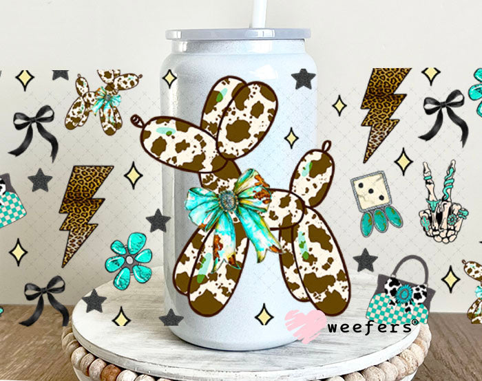 Brown Cow Print Balloon Dog Teal Bow UV DTF Cup Wrap - Weefers Exclusive 16oz Glass Can Generic Cup Wrap Weefers