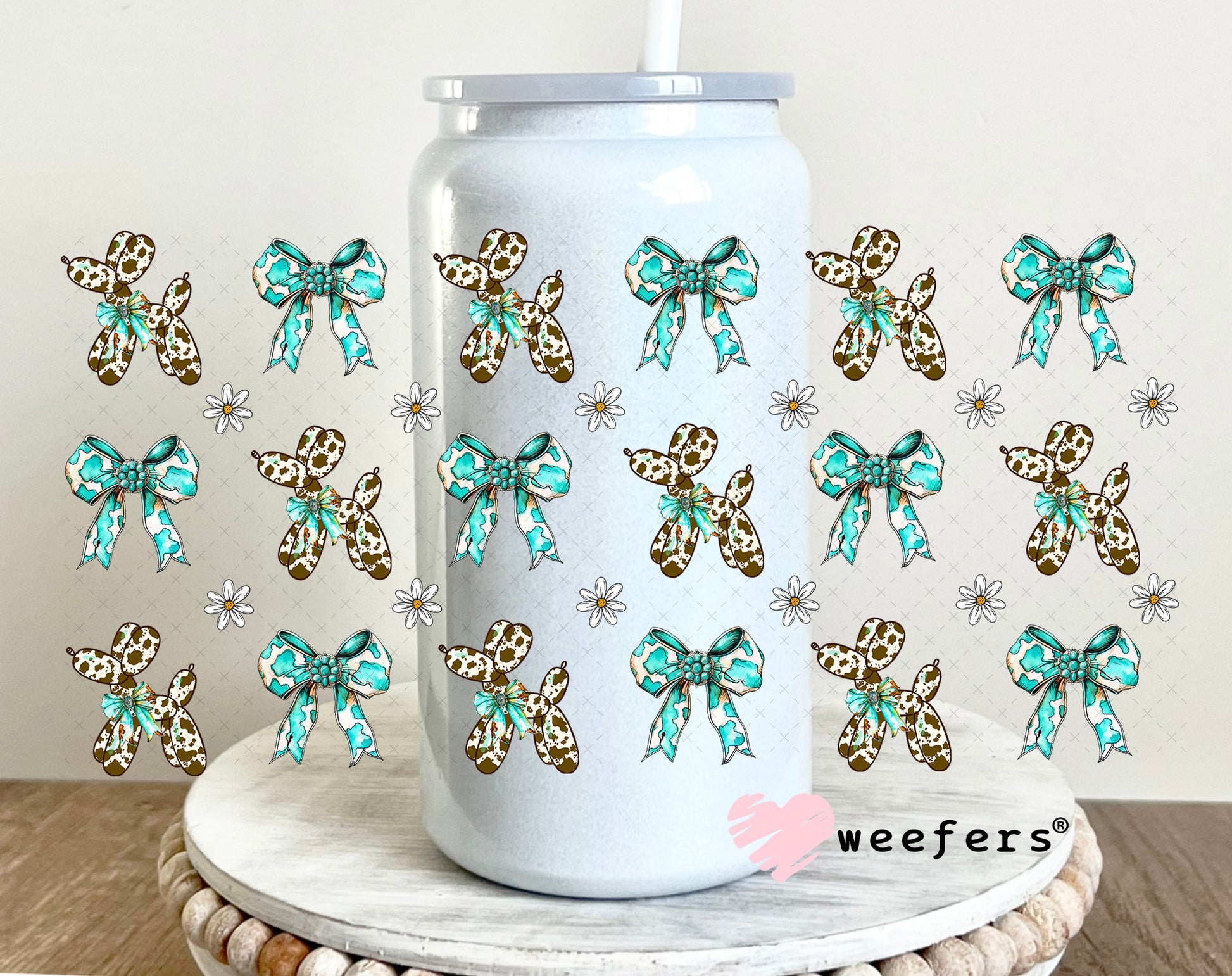 Brown Cow Print Balloon Dog Teal Bow Sidekick UV DTF Cup Wrap - Weefers Exclusive 16oz Glass Can Generic Weefers