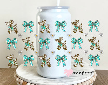 Brown Cow Print Balloon Dog Teal Bow Sidekick UV DTF Cup Wrap - Weefers Exclusive 16oz Glass Can Generic Weefers