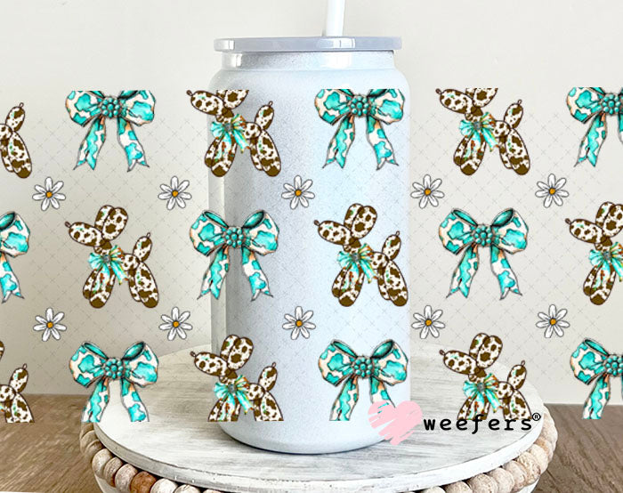 Brown Cow Print Balloon Dog Teal Bow Sidekick UV DTF Cup Wrap - Weefers Exclusive 16oz Glass Can Generic Cup Wrap Weefers