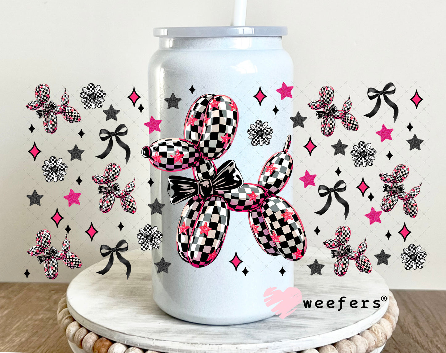 Black and White Checkered Pink Balloon Dog Teal Bow UV DTF Cup Wrap - Weefers® Exclusive 16oz Glass Can Generic Weefers