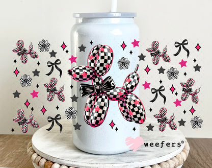 Black and White Checkered Pink Balloon Dog Teal Bow UV DTF Cup Wrap - Weefers® Exclusive 16oz Glass Can Generic Weefers