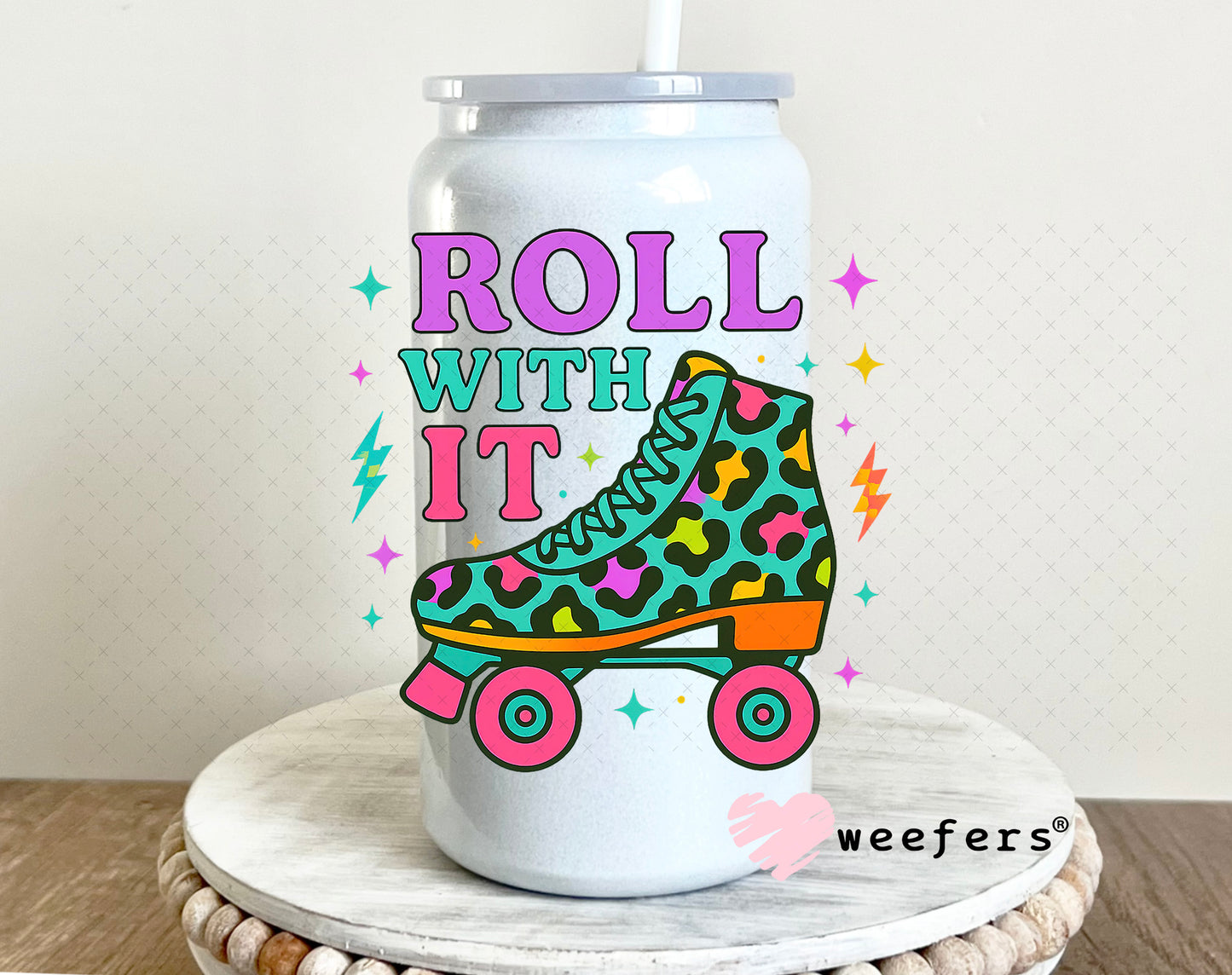 Roll With It Roller Skates UV DTF Decal 16oz Glass Can Generic Weefers