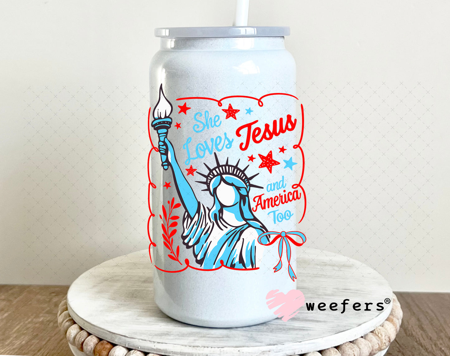 She Loves Jesus and America Too UV DTF Decal 16oz Glass Can Generic Weefers