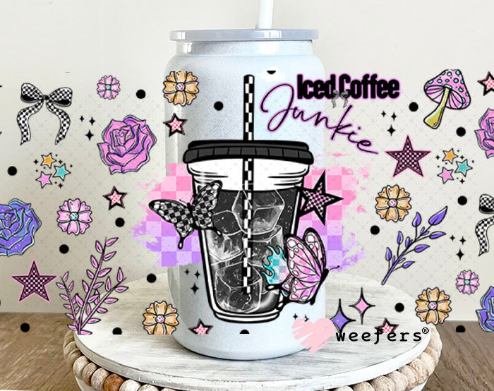 Iced Coffee Junkie UV DTF Cup Wrap - Weefers Exclusive Wrap 16oz Glass Can Generic Cup Wrap Weefers