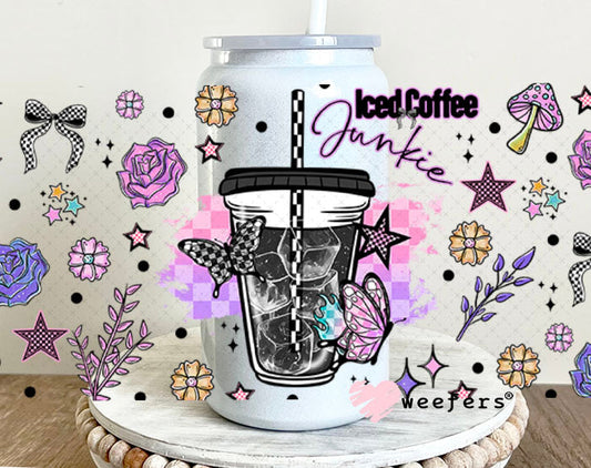 Iced Coffee Junkie UV DTF Cup Wrap - Weefers Exclusive Wrap 16oz Glass Can Generic Cup Wrap Weefers