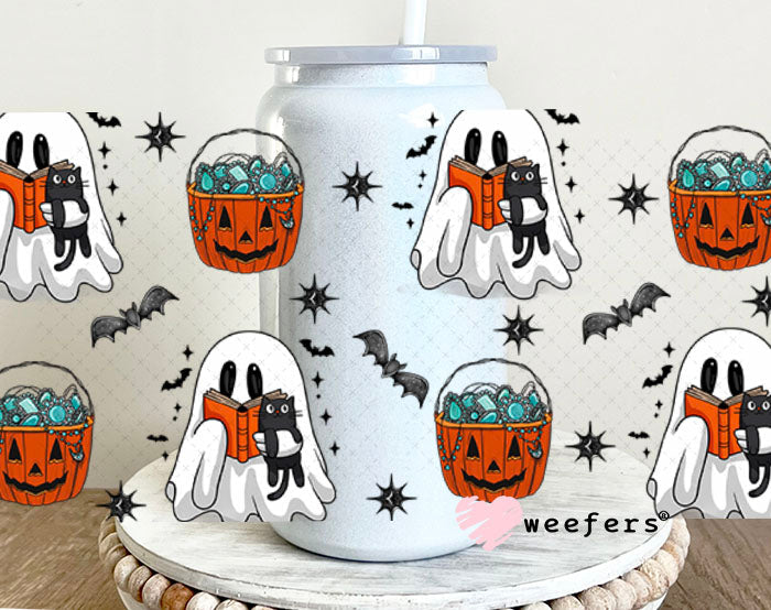 Ghost Books Cats Halloween UV DTF Cup Wrap - Weefers Exclusive Wrap 16oz Glass Can Generic Cup Wrap Weefers
