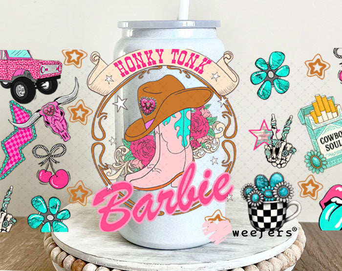 Honky Tonk Barbie UV DTF Cup Wrap - Weefers Exclusive Wrap 16oz Glass Can Generic Cup Wrap Weefers